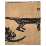 Signed Abstract Ink Drawing on Aged Paper, 13 x 17 Inches