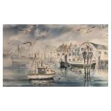 Original Watercolor Harbor Scene Signed K. Valentas 12.5 x 18.5