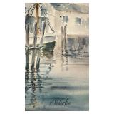 Original Watercolor Harbor Scene Signed K. Valentas 12.5 x 18.5
