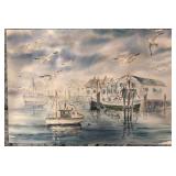 Original Watercolor Harbor Scene Signed K. Valentas 12.5 x 18.5