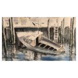Original Watercolor Painting by K. Valantas, Boat Dock Scene, 12.5 x 18.5 Inches