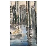 Original Watercolor Painting by K. Valantas, Boat Dock Scene, 12.5 x 18.5 Inches