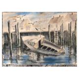 Original Watercolor Painting by K. Valantas, Boat Dock Scene, 12.5 x 18.5 Inches