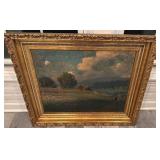 Signed Framed Landscape Oil Painting 29 x 34.5 Inches with Ornate Gold Frame