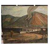 Vintage Riverboat Landscape Oil Painting Signed 21 x 17