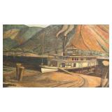Vintage Riverboat Landscape Oil Painting Signed 21 x 17