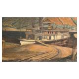 Vintage Riverboat Landscape Oil Painting Signed 21 x 17