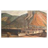 Vintage Riverboat Landscape Oil Painting Signed 21 x 17
