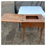 Vintage Wooden Sewing Table with Hinged Top and Storage Compartment