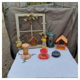 Lot of Bird Feeders and Decorative Window Frame with Birdhouse