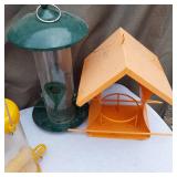 Lot of Bird Feeders and Decorative Window Frame with Birdhouse