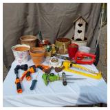 Garden Tools and Pots Collection including Electric Homelite Hedge Trimmer, Watering Accessories, and Decorative Planters