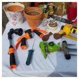 Garden Tools and Pots Collection including Electric Homelite Hedge Trimmer, Watering Accessories, and Decorative Planters