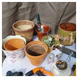 Garden Tools and Pots Collection including Electric Homelite Hedge Trimmer, Watering Accessories, and Decorative Planters