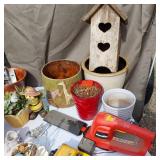 Garden Tools and Pots Collection including Electric Homelite Hedge Trimmer, Watering Accessories, and Decorative Planters