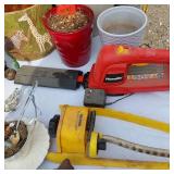 Garden Tools and Pots Collection including Electric Homelite Hedge Trimmer, Watering Accessories, and Decorative Planters
