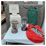 Thetford Porta Potti 135 Fresh Water Flush Portable Toilet, Coleman Lanterns, and Tent Poles