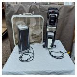 Box Fan, Lasko Ceramic Tower Heater, and Honeywell Oil-Filled Radiator Heater