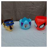 Lot of Character-Themed Halloween Candy Buckets including Paw Patrol, Frozen, and Spider-Man