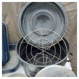 Kitchenware Collection including Enamelware Pots, Pans, and Cutting Board