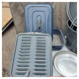 Kitchenware Collection including Enamelware Pots, Pans, and Cutting Board