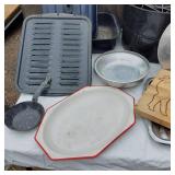 Kitchenware Collection including Enamelware Pots, Pans, and Cutting Board