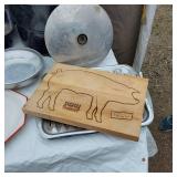 Kitchenware Collection including Enamelware Pots, Pans, and Cutting Board