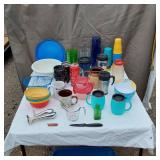 Household Items Including Vintage Can Opener and Assorted Kitchenware