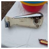 Household Items Including Vintage Can Opener and Assorted Kitchenware