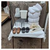 Assorted Household Items including Conair Pro Style 1500 Hair Dryer, Trash Bin, and Footwear