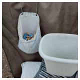 Assorted Household Items including Conair Pro Style 1500 Hair Dryer, Trash Bin, and Footwear