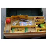 Loaded Vintage Green Tackle Box, Mepps spinners spoons and more!
