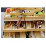 Loaded Vintage Green Tackle Box, Mepps spinners spoons and more!