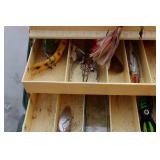 Loaded Vintage Green Tackle Box, Mepps spinners spoons and more!