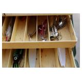 Loaded Vintage Green Tackle Box, Mepps spinners spoons and more!