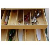 Loaded Vintage Green Tackle Box, Mepps spinners spoons and more!