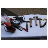 Box of Hand tools, Axe, Hammer Drill Sander & Screwdrivers