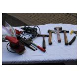 Box of Hand tools, Axe, Hammer Drill Sander & Screwdrivers