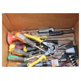 Box of Hand tools, Axe, Hammer Drill Sander & Screwdrivers