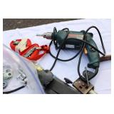 Box of Hand tools, Axe, Hammer Drill Sander & Screwdrivers