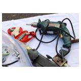 Box of Hand tools, Axe, Hammer Drill Sander & Screwdrivers