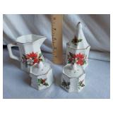 Christmas-themed Bone China Kitchen Items including Creamer, Sugar Bowl, and Salt & Pepper Shakers