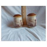 Vintage ceramic salt and pepper shakers with farm scene design