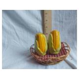 Corn Cob Shaped Ceramic Salt and Pepper Shakers in Basket
