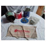 Lot of Hardware and Fasteners including Menards Tool Apron, Nails, and Bolts