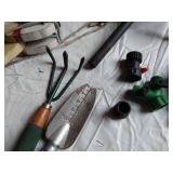 Garden Tools and Accessories including Roundup Weed Killer (partials), Sprinklers, and Hand Tools