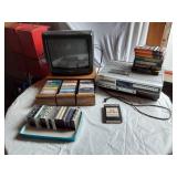 Braytonic TV, Sanyo VCR, and Audio/Video Media Collection including Cassettes and VHS Tapes