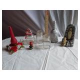 Decorative Items including Ceramic Figurine, Glass Jars, and Candle Holder