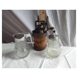 Vintage glass syrup dispensers and pepper grinder