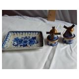 Delft Blue Windmill-Themed Ceramic Salt and Pepper Shakers and Mini Pitcher and Saucer